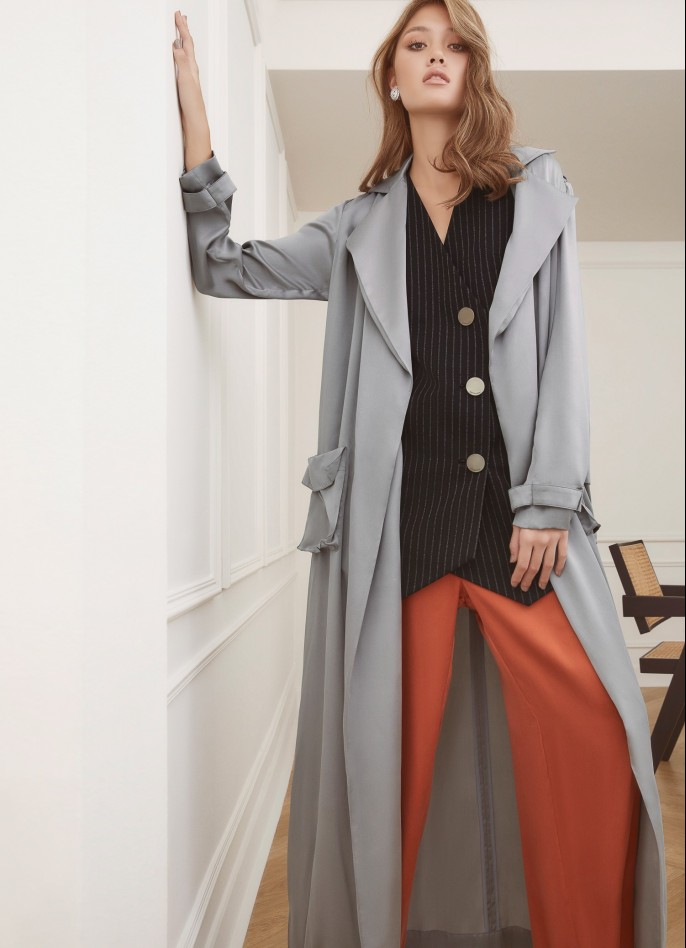 GREY SILK SATIN DUSTER COAT